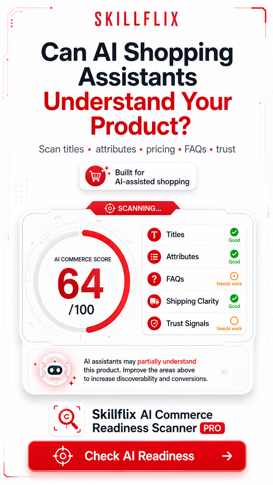 Skillflix AI Commerce Readiness Scanner PRO — Optimize Your Store for AI Shopping